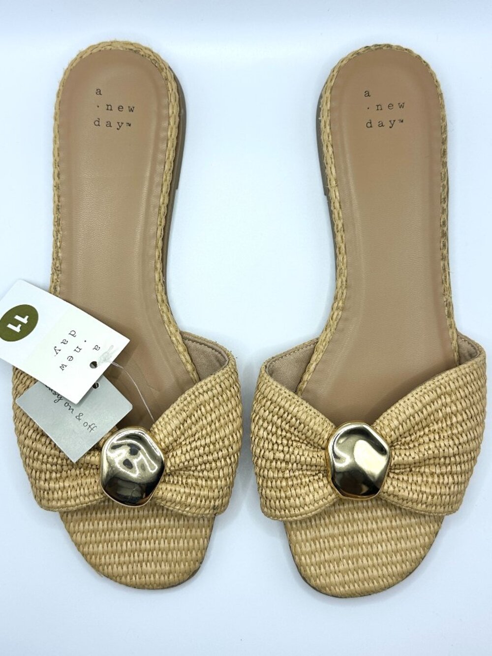 A New Day Kalina Natural Raffia Gold Hardware Slide Sandals NWT 11